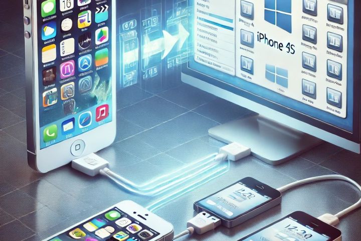 An image representing the process of transferring apps and purchases from an iPhone 4s to an iPhone 5s using a Windows PC